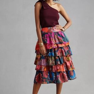 Anthropology- Farm Rio Tiered Midi Skirt Size Medium
